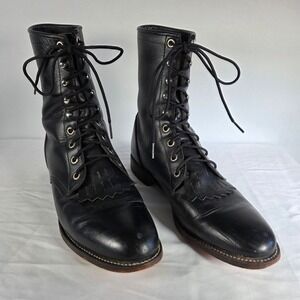Vintage Justin Black Leather Lace Up Kiltie Western Boots Women 9 USA Made Roper